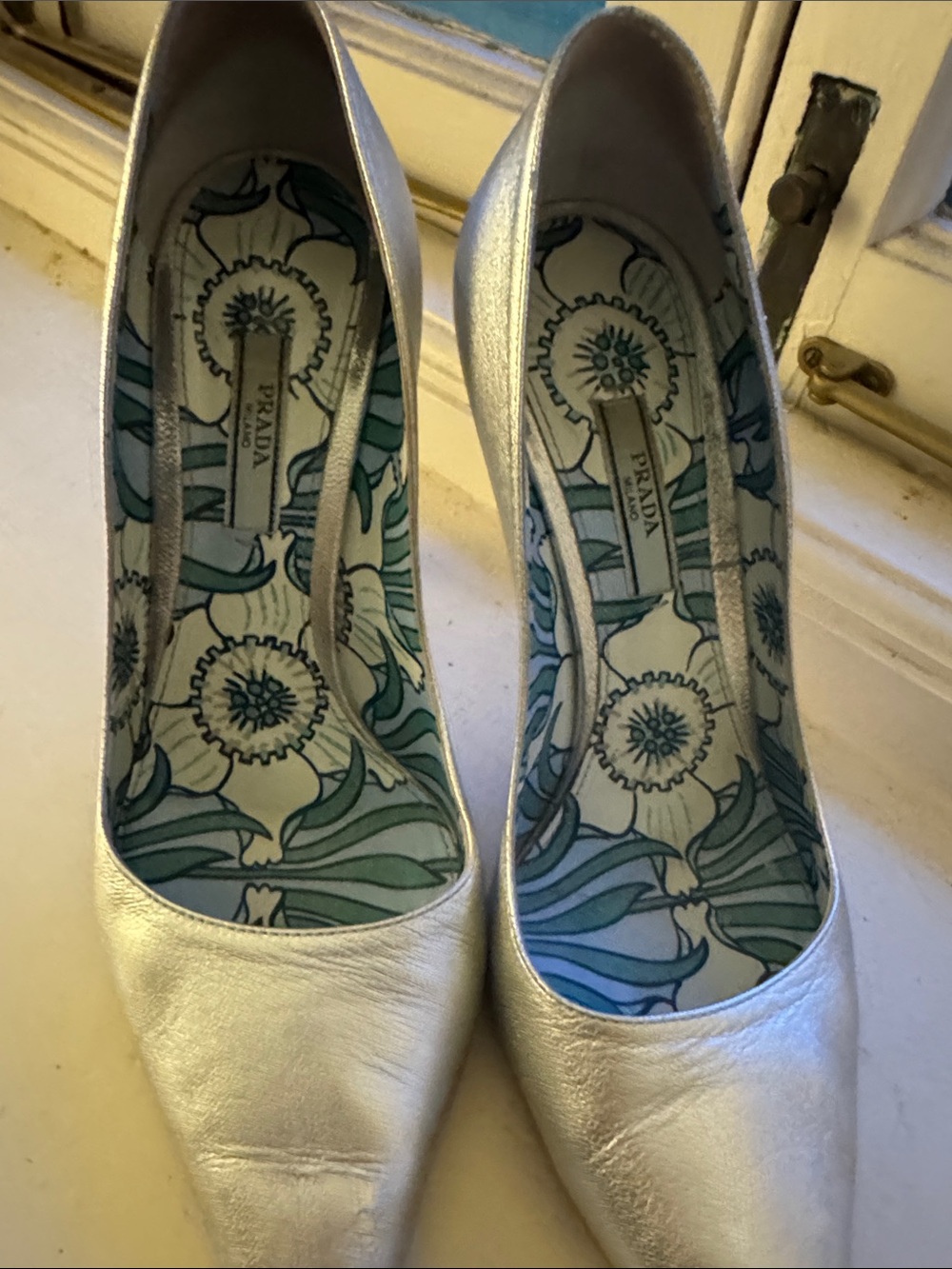 Prada Silver Pointed-Toe Leather Pumps with Floral Insole